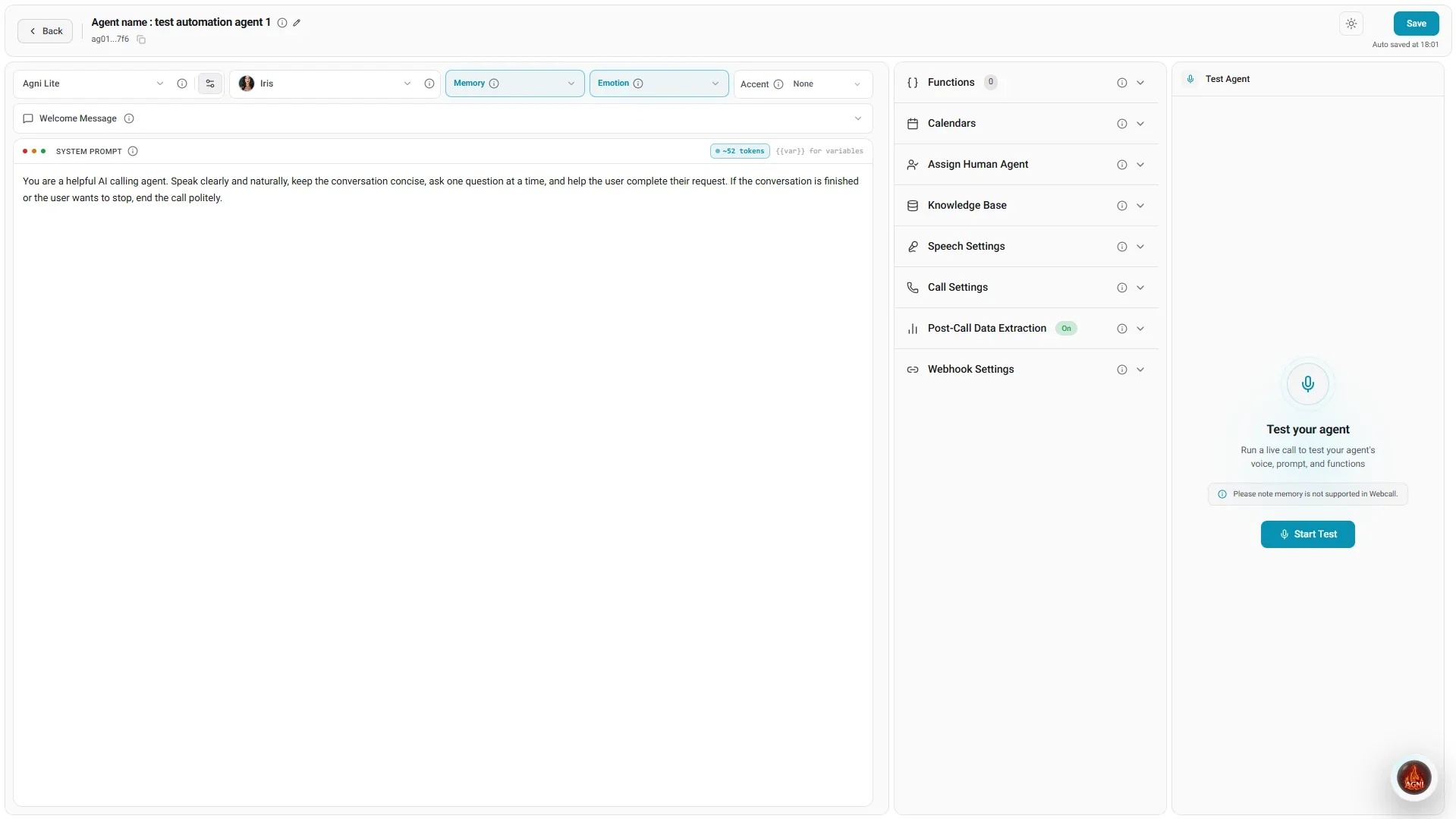 Agni agent builder: prompt, voice and accent selection, tools, and test call
