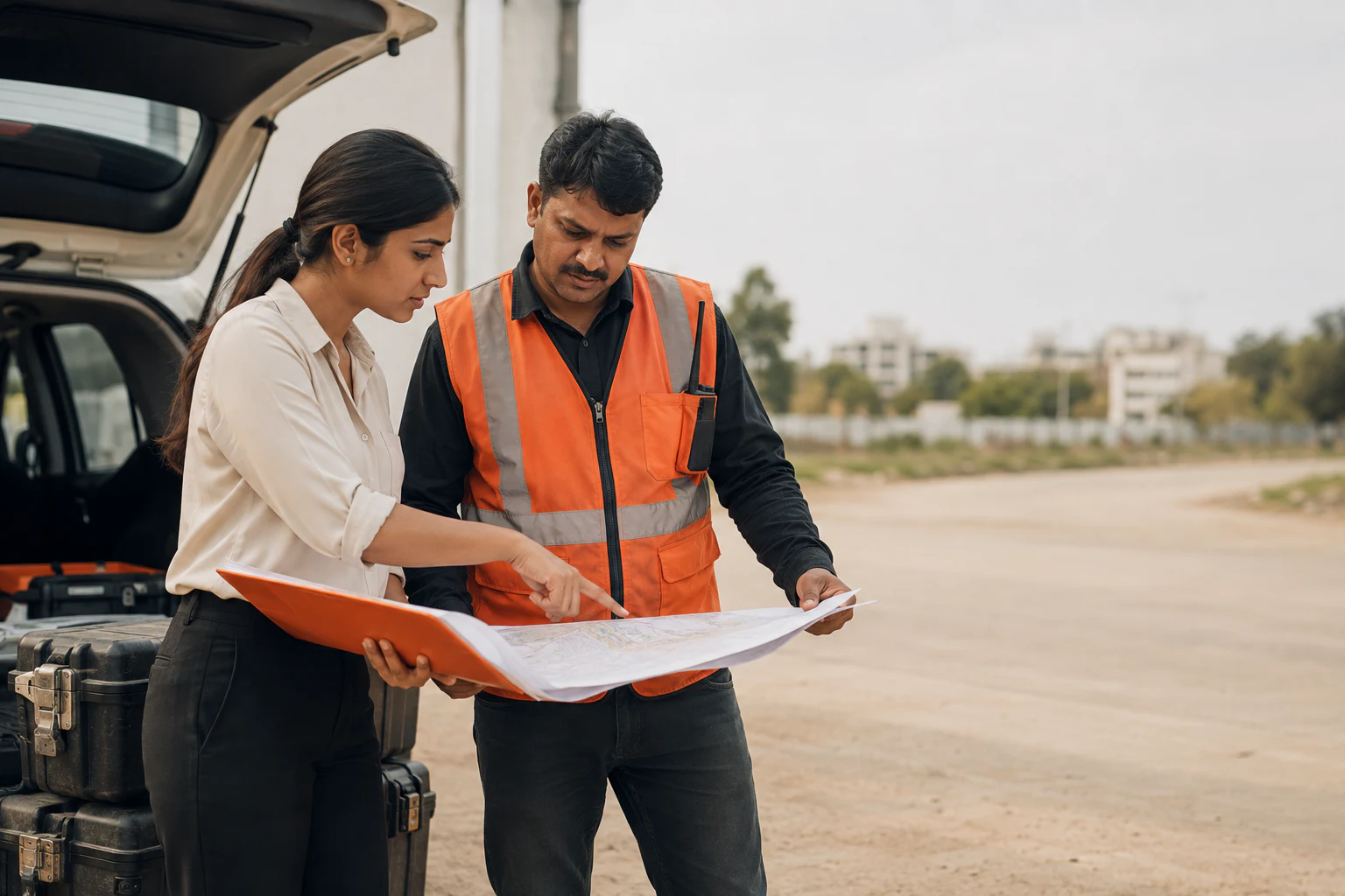 A field coordinator and supervisor reviewing a route plan beside an unbranded vehicle.