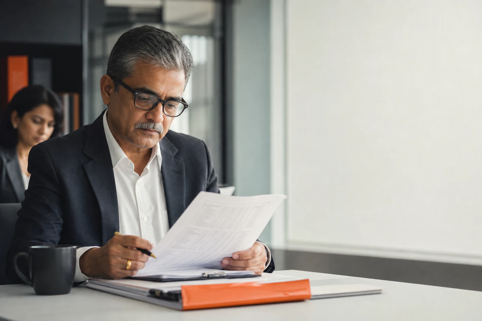A senior professional reviewing an approval and reconciliation pack.